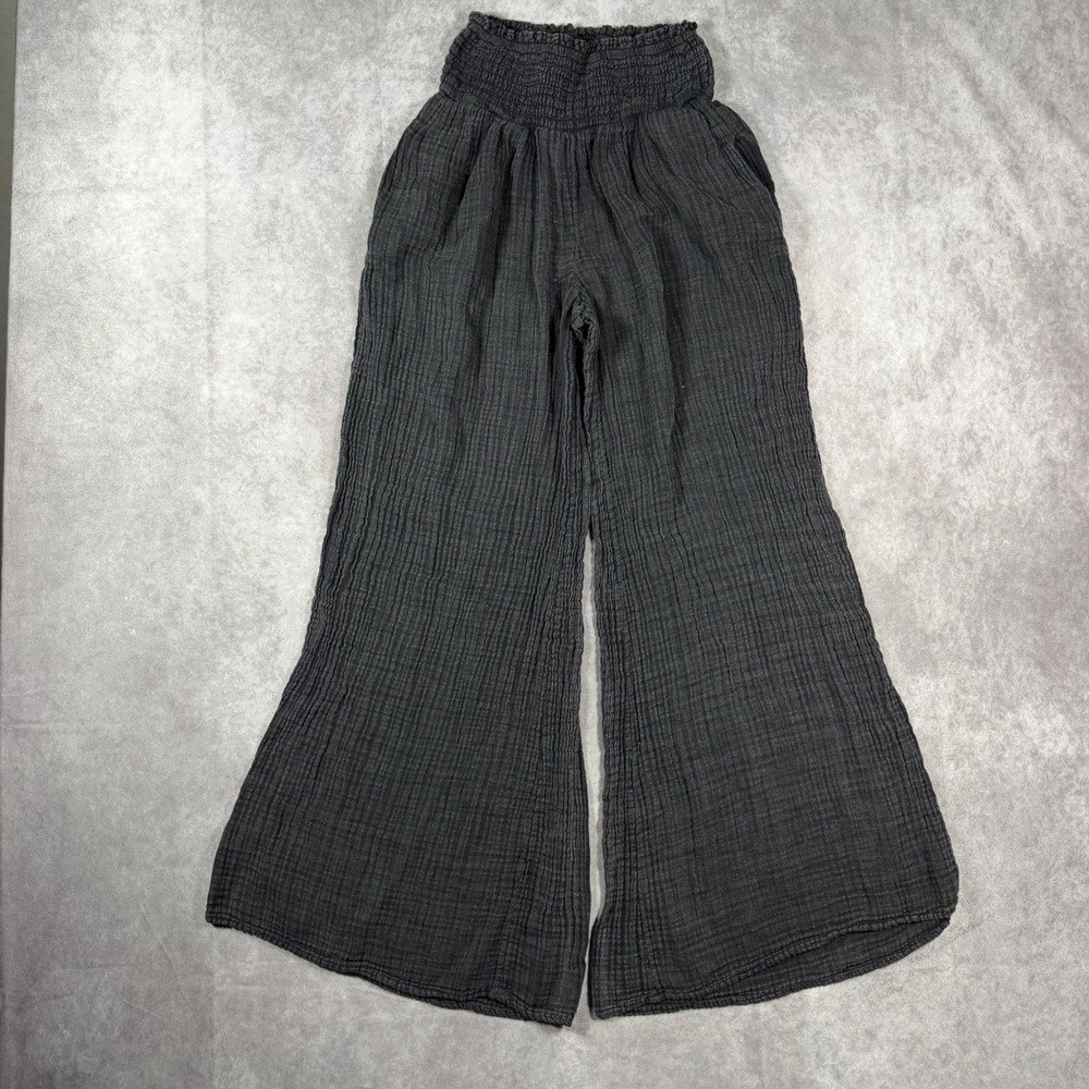 Anthropologie Black Double Gauze Smocked Wide Leg Pants XXS Cotton Pocketed
